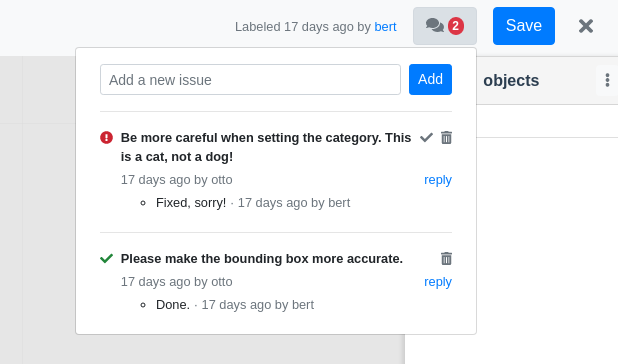 Screenshot of an issue-tracking interface showing comments, task checks, and buttons for adding new issues, reviewing progress, and saving changes.