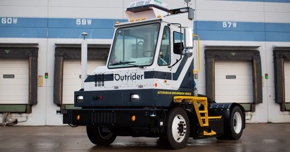 A truck from Outrider performing autonomous yard operations. Equiped with multiple sensors.