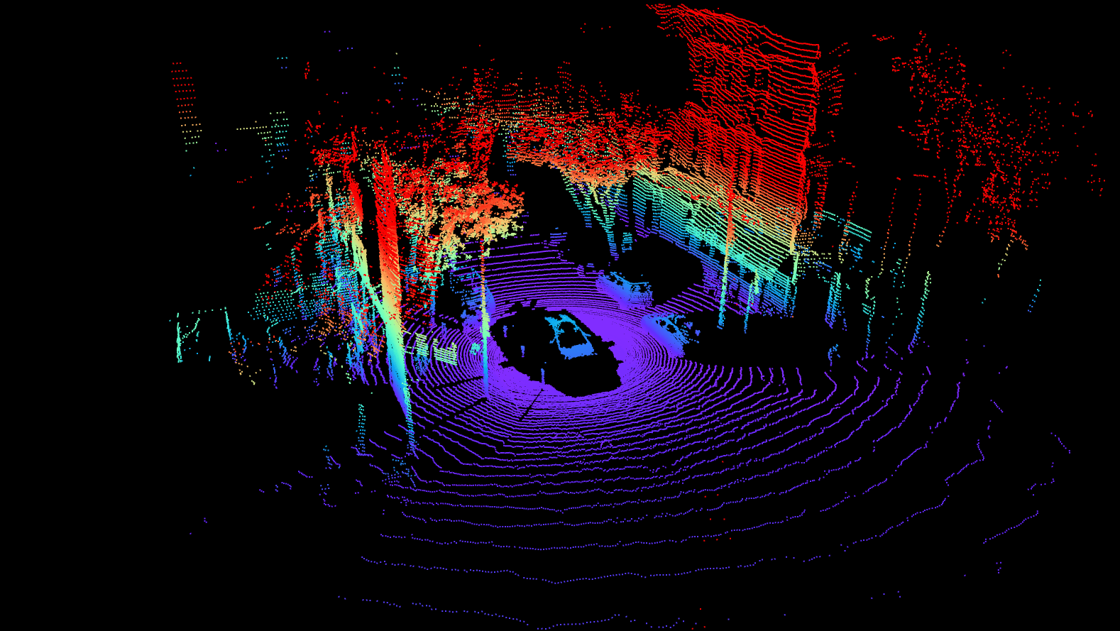 A colorful 3D LIDAR scan of a street scene, demonstrated with Ouster's OS 2 technology, showcasing cars and buildings rendered in vibrant red, green, blue, and purple points.