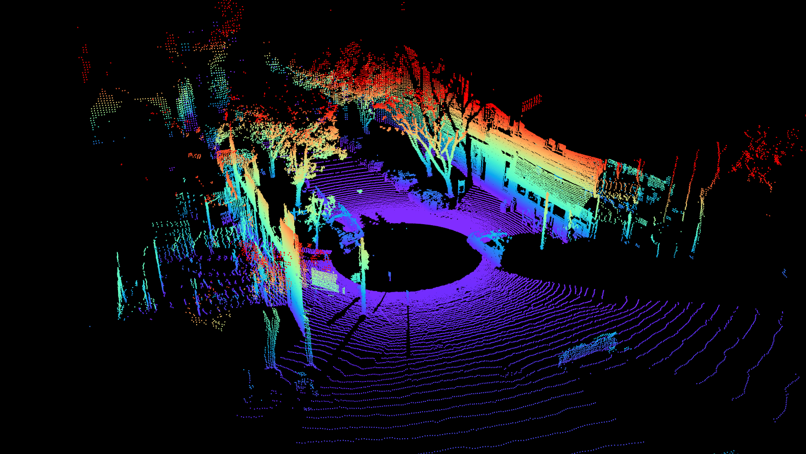 A colorful 3D LIDAR point cloud image of an outdoor circular area with trees and surrounding structures visible, captured during a demo using the Ouster OS 2 sensor.