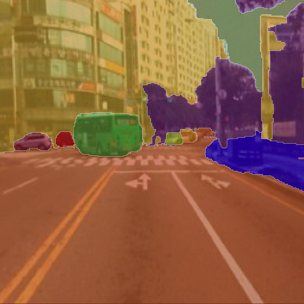 Intersection of a city street with tall buildings in the background, segmented by colors orange, green, and blue, resembling a scene from SemanticKITTI.