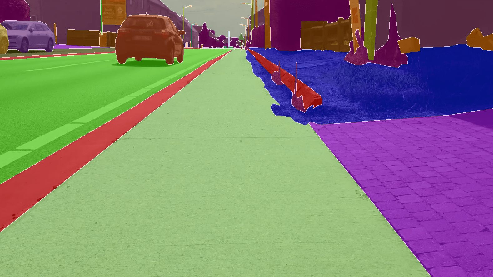 A street with cars, adjacent bike lane, sidewalk, and separated areas, highlighted in various colors for segmentation using SemanticKITTI.