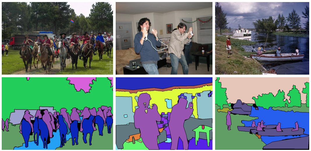 Top row: horse parade, two men playing video games, people by water. Bottom row: COCO outlined versions of top images.