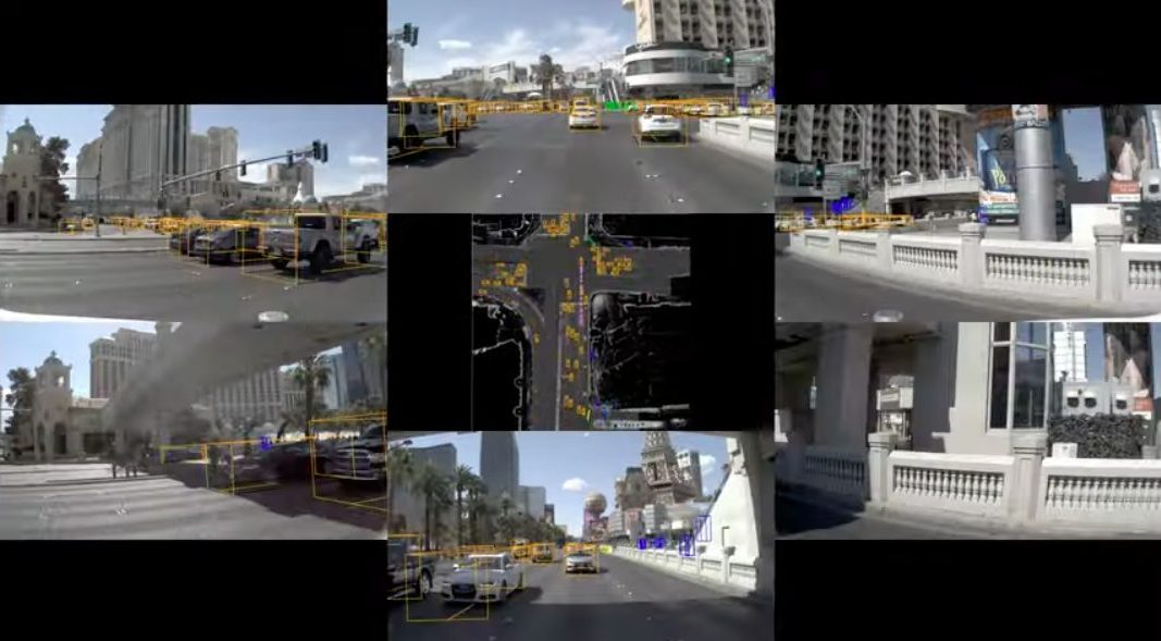 Multiple camera feeds from nuPlan showcase various views of a city's streets and intersections with identified objects and vehicles outlined.