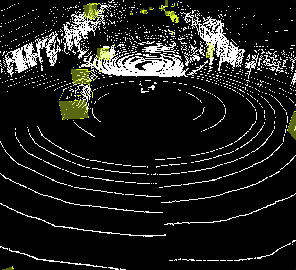 Black and white LIDAR scan of an outdoor area, displaying detailed point clouds and yellow highlighted regions. Captured using PandaSet for enhanced precision and clarity.