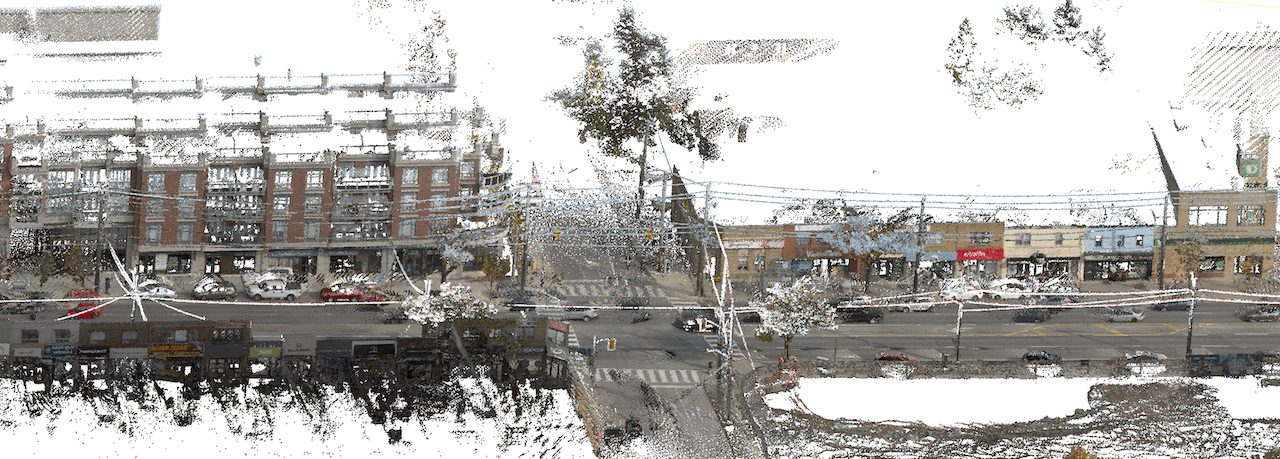 A digitally distorted urban street scene in Toronto with buildings, cars, and traffic lights visible amidst 3D artifact effects.