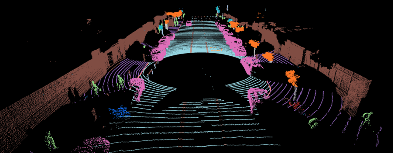 3D point cloud image of an outdoor space featuring trees, steps, and pathways, captured using LiDAR technology by Waymo for enhanced perception.