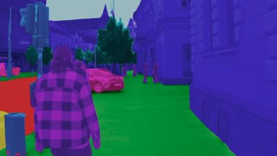 Street scene with colored semantic segmentation overlays, showing a person, a car, buildings, and trees.