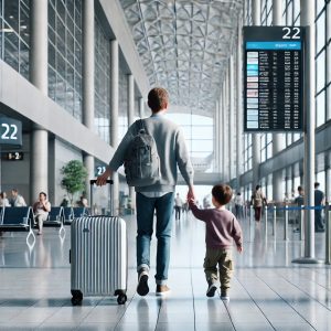image from ChatGPT: image depicting a person walking through an airport terminal, pulling a suitcase on one side and holding a child's hand on the other.