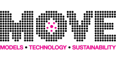 MOVE logo with words "Models," "Technology," "Sustainability" in pink below. Dots form the letters.