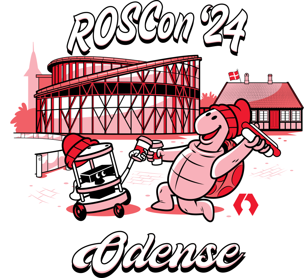 Cartoon turtle and robot in red beanies at ROSCon '24 Odense, with modern buildings and Danish flags in background.