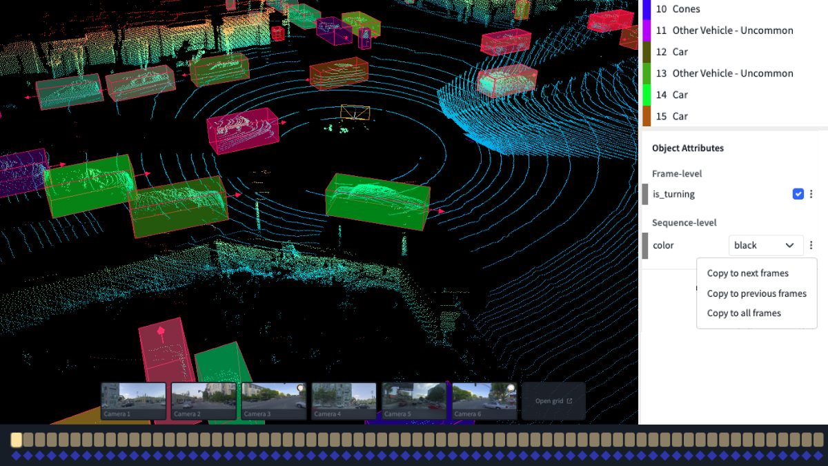 propagate attributes A digital interface with a 3D mapping visualization, showing colored boxes and labels for various detected objects.