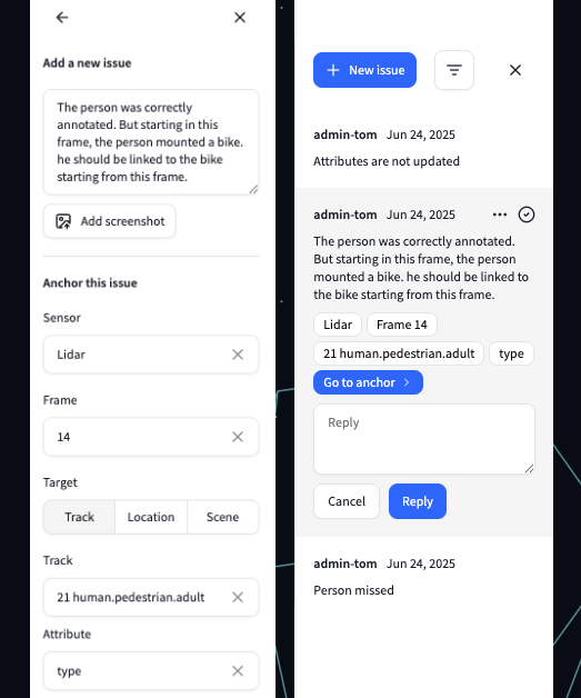 New issue functionality Two app screens highlight a precision issue about linking a person to a bike in annotated lidar frame data, supporting seamless issue tracking.